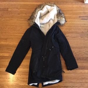 Winter coat - faux sheep lining and faux fur hood